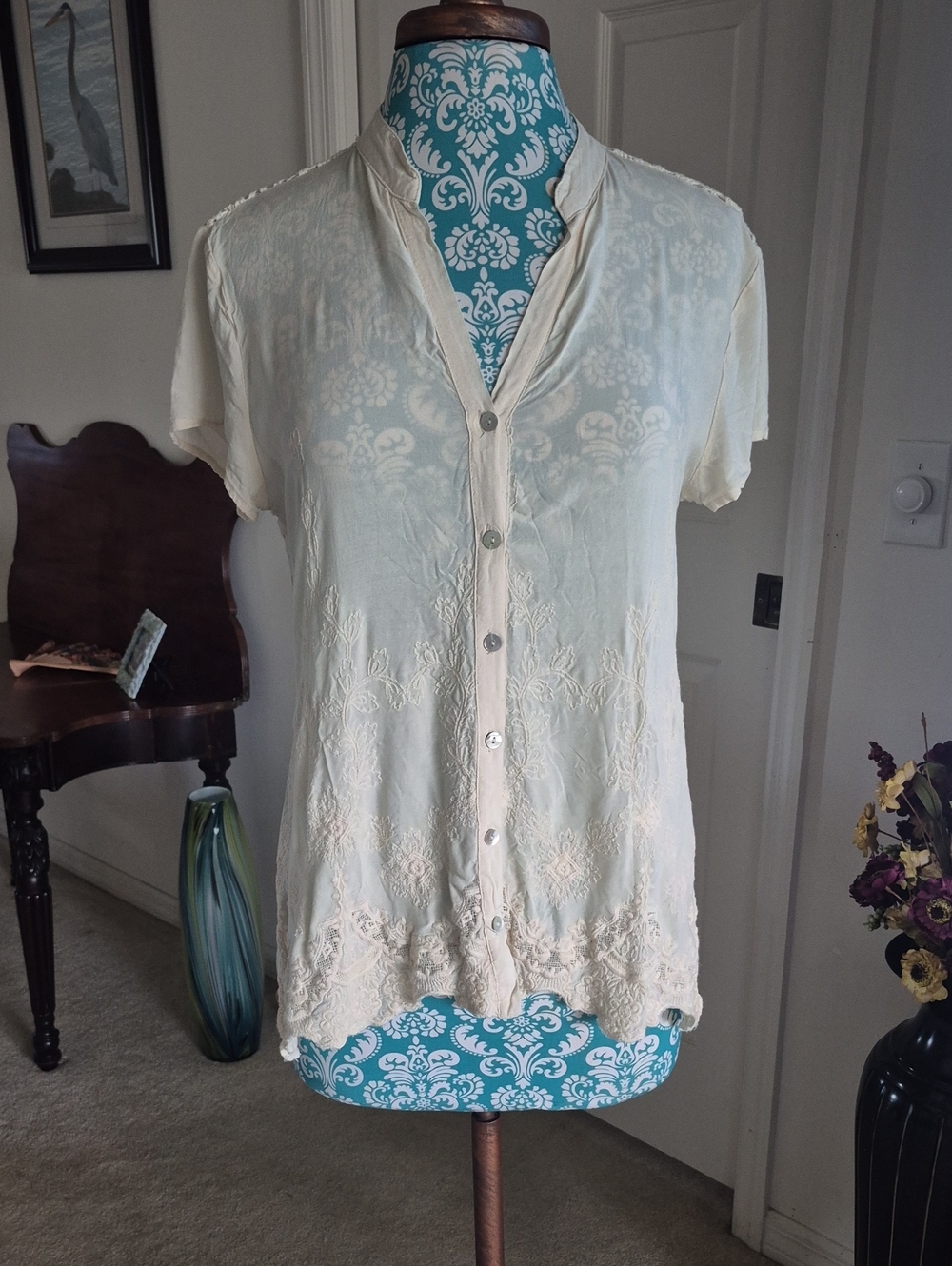 Black Swan Cream Embroidered Button-Down Short Sleeve Top